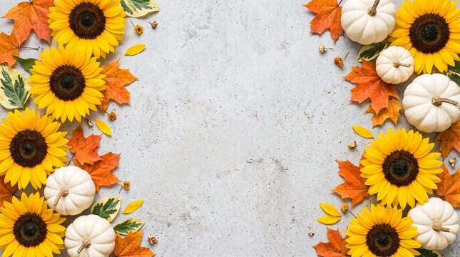 Festive Autumnal Border Frame Featuring Vibrant Sunflowers And Mini White Pumpkins On A Rustic Light Gray Concrete Texture Background