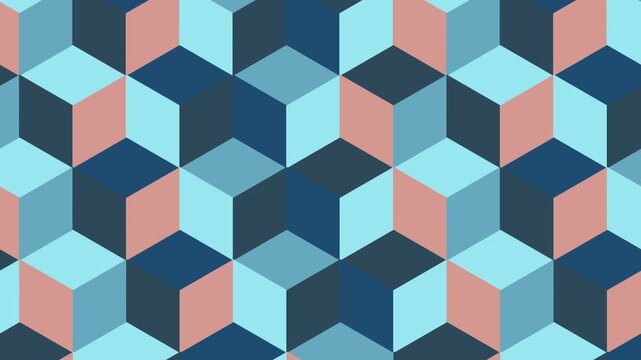 Geometric cube pattern background featuring abstract blue and peach optical illusion shapes moving