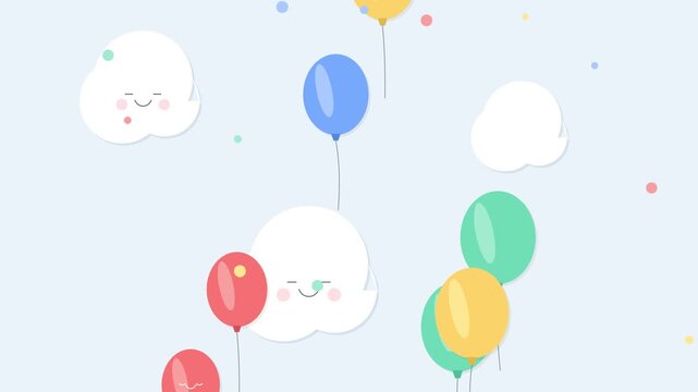 Cute smiling clouds and colorful balloons floating in a soft