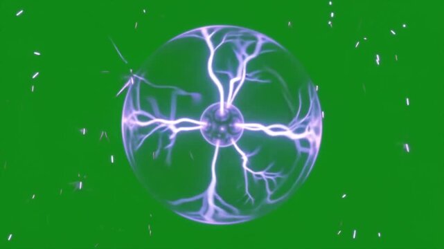 Purple plasma sphere crackles with lightning against green backdrop, ideal for science museums, educational displays, technology themes, and energy concepts.