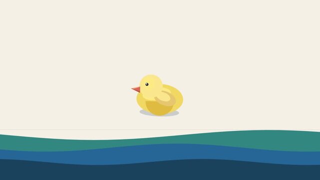 Cute yellow cartoon duckling swimming on abstract blue waves animation