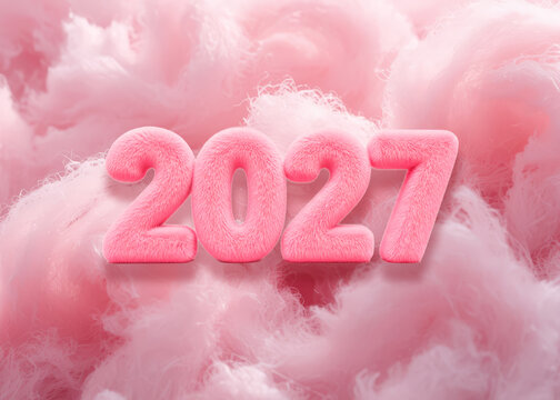 Happy New Year 2027, featuring soft, fuzzy-textured numbers in a light pink hue.