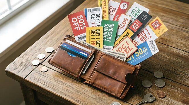 Wallet full of grocery coupons and coins