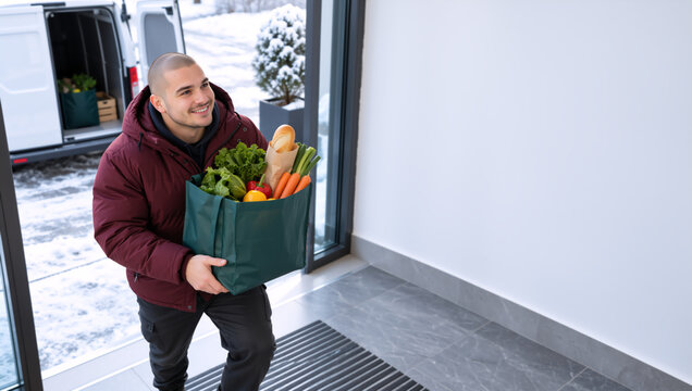 Smiling man delivering fresh groceries in reusable bag. Delivery driver bringing vegetables indoors with copy space