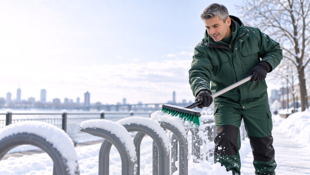 Municipal worker clearing snow from bike rack. Service man brushing snow on waterfront promenade with city background in winter