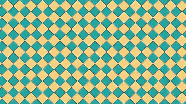 Geometric pattern with repeating diagonal squares in soft yellow and vibrant turquoise colors continuously scrolling