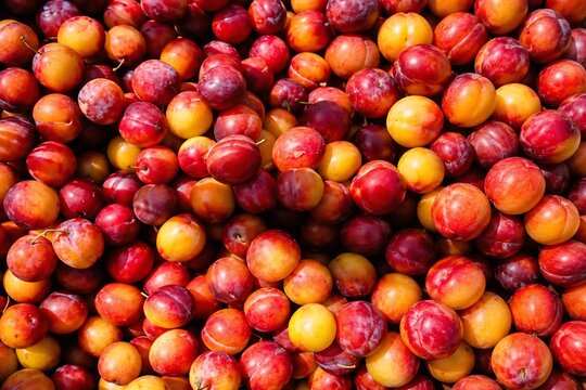 Fresh Colorful Plums in Red Yellow and Orange &ndash; Premium Close-Up Fruit Texture and Natural Food Background