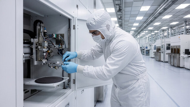Middle Eastern man calibrating semiconductor equipment in cleanroom