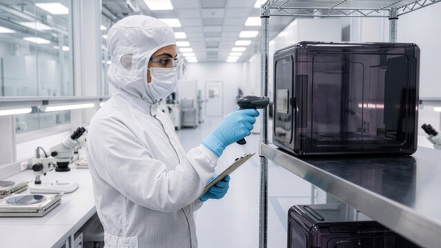 Middle Eastern woman scanning FOUP pod in cleanroom metrology lab