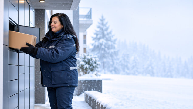 Female courier placing parcel in automated locker during winter. Delivery worker delivering cardboard package in snow