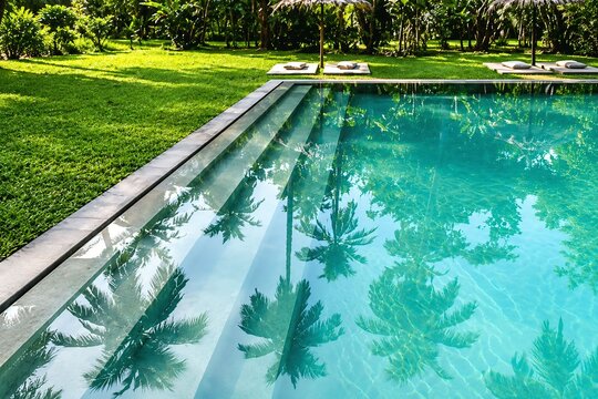 Luxury Tropical Swimming Pool with Crystal Clear Turquoise Water and Palm Tree Reflections &ndash; Peaceful Resort Landscape