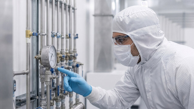 Middle Eastern man checking analog pressure gauge in cleanroom fab