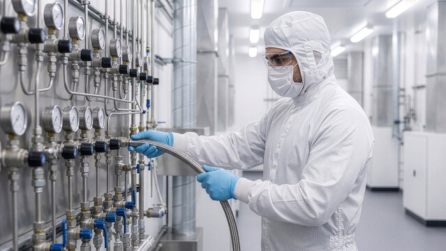 Middle Eastern man connecting gas line to cleanroom manifold panel