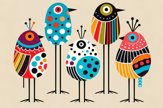 Colorful Geometric Folk Art Birds with Bold Patterns on a Beige Background &ndash; Mid Century Modern Scandinavian Illustration
