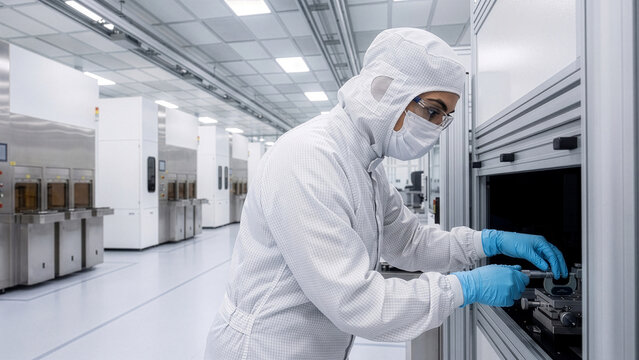 Middle Eastern woman adjusting micrometer stage in semiconductor fab