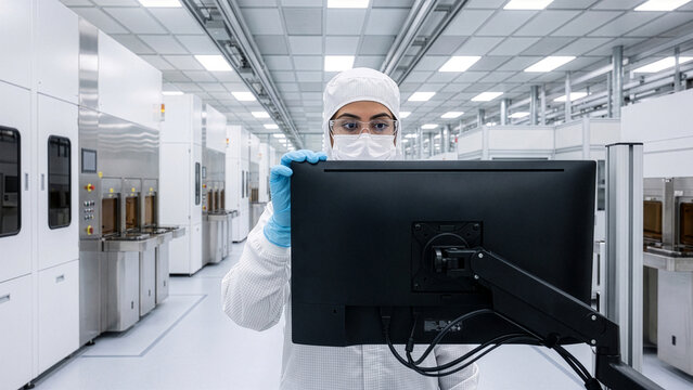 Middle Eastern woman adjusting monitor in semiconductor cleanroom