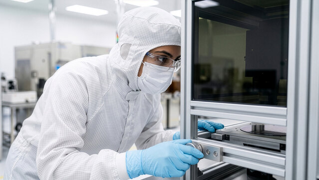 Middle Eastern woman calibrating wafer stage in semiconductor fab