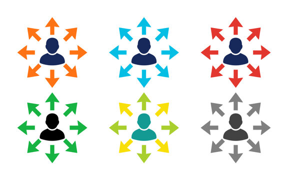 Person expansion icons featuring colorful arrows pointing outwards representing individual growth career opportunity social networking and business development.