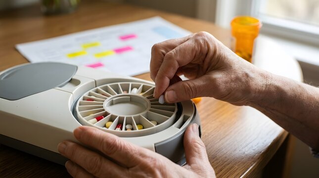 Senior Hands Organizing Daily Medication into Automatic Electronic Pill Dispenser Machine