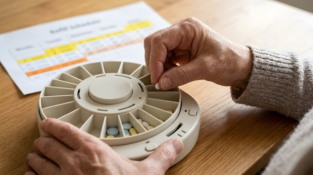 Senior person organizing daily medication in a circular automatic pill dispenser