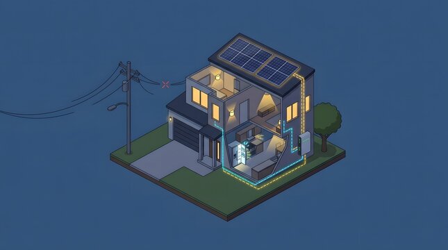 Isometric Modern Smart House Powered by Solar Panels and Battery Storage System with Interior Cross Section