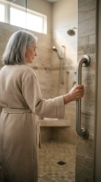 Senior woman holding a safety grab bar in a modern accessible bathroom shower