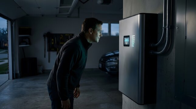 Man Monitoring Modern Home Energy Storage Battery System in Residential Garage