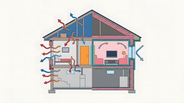 Cross section diagram of energy efficient house showing thermal insulation and air circulation