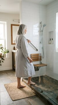 Senior woman in bathrobe using safety grab bar in modern accessible bathroom shower