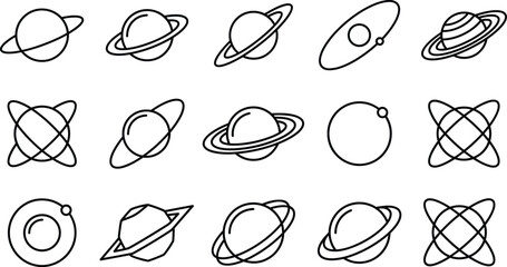 Planet and Saturn Icon Collection Vector Illustration with Ringed Planets, Orbital Paths, Astronomical Symbols and Minimalist Space Exploration Graphics © MdMostafijur