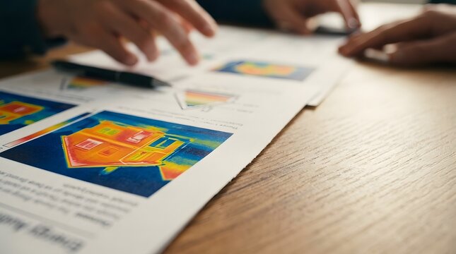 Professional specialists reviewing energy audit report with thermal imaging of house on desk