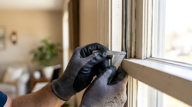 Professional Technician Hands Measuring Window Frame Gap for Maintenance and Repair Service