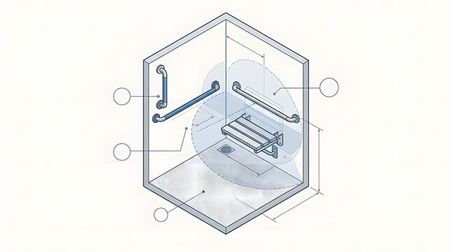 Isometric technical illustration of accessible walk-in shower with safety grab bars and folding seat