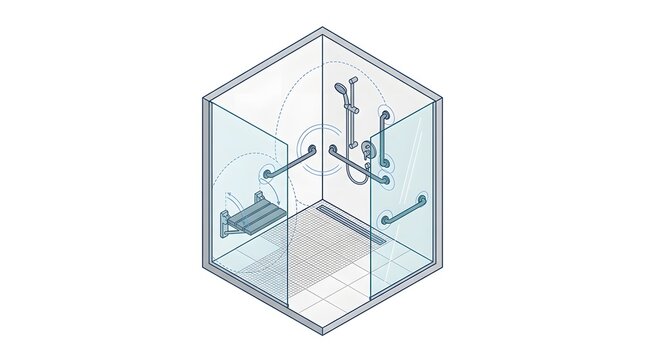 Isometric technical illustration of an accessible walk-in shower with safety grab bars