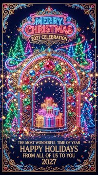 Vibrant and flashy 2027 Merry Christmas celebration design with glowing neon lights, sparkling gold confetti, Christmas trees, and ornaments