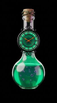 Magical glowing green potion bottle adorned with a vintage clock face and cork stopper isolated on black background