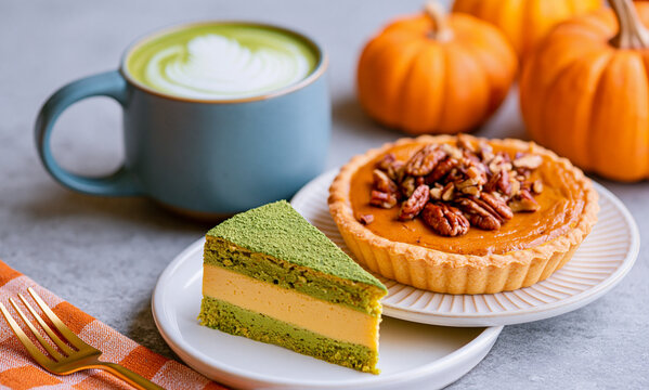 close up of a delicious slice of matcha cake next to a plate of pumpkin tart topped with pecans