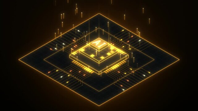 Isometric AI Chip with Floating Layers and Amber Data Pulses 4K Loop