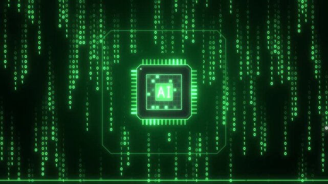 Green Binary Code Rain Falling Over Glowing AI Processor Chip 4K Loop