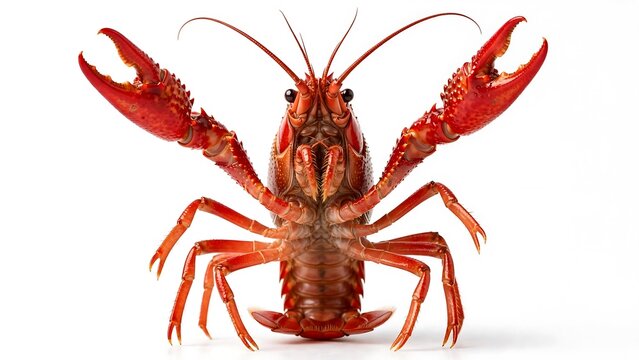 Red Crayfish Standing in Defensive Pose with Raised Claws and Long Antennae on White Background