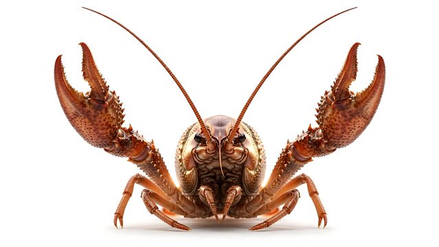 Brown Crayfish Front View with Raised Claws and Curved Antennae Symmetrical on White Background