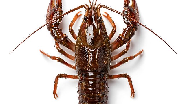 Wet Brown Crayfish Top View Closeup with Water Droplets on Shell and Spiny Claws on White