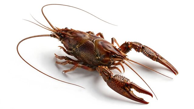 Brown Crayfish High Angle View with Wide Open Claws and Curved Long Antennae on White Background