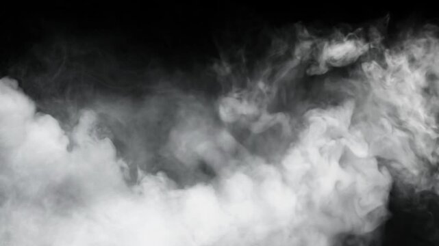 White smoke clouds billow against a solid black background.