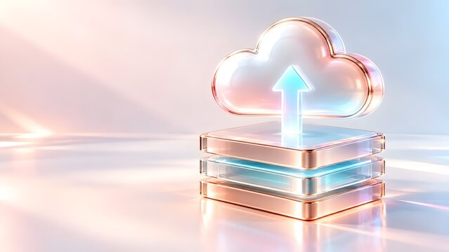 Rose gold framed glass cloud with upload arrow on a tiered server base illustrating modern cloud computing and enterprise data sync