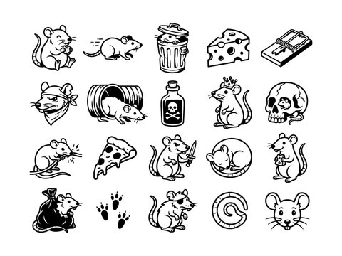 Rat and Mouse Cartoon Vector Icons and Sticker Set