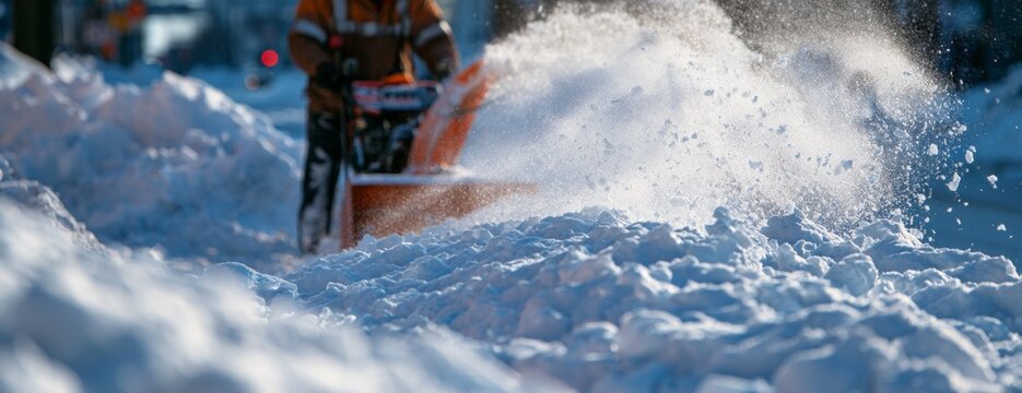 Snowblower clearing snow on winter street with flying snowflakes  