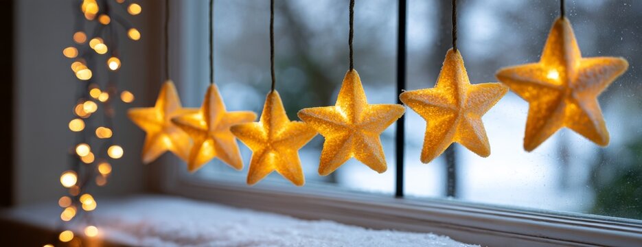 Star-shaped decorations and glowing garlands by a winter window  