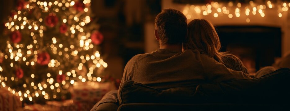 Cozy couple embracing by a Christmas tree with warm lights  