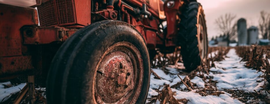 Red tractor in a snowy field during winter sunset  